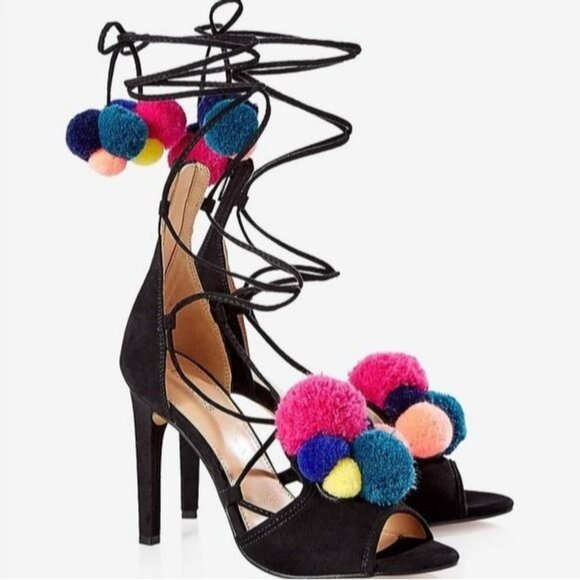 EXPRESS Women's Size 10 Black Faux Suede Pompom Open Toe Strappy High Heel Shoes - Picture 1 of 11